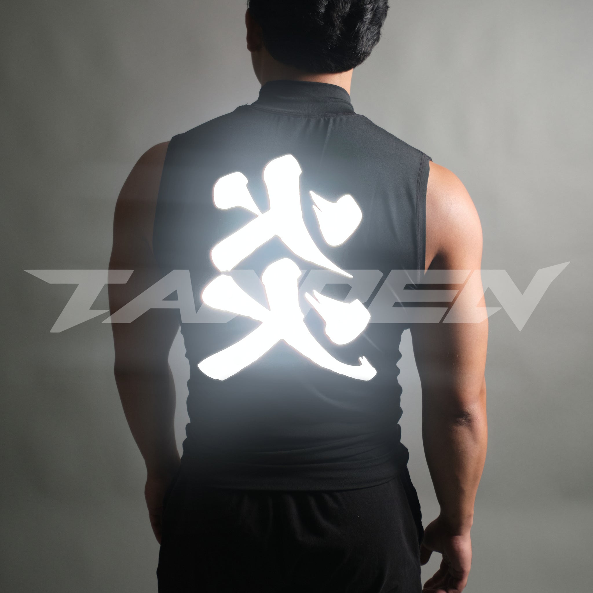 Reflective Flame Kanji Mockneck Compression Sleeveless in Black