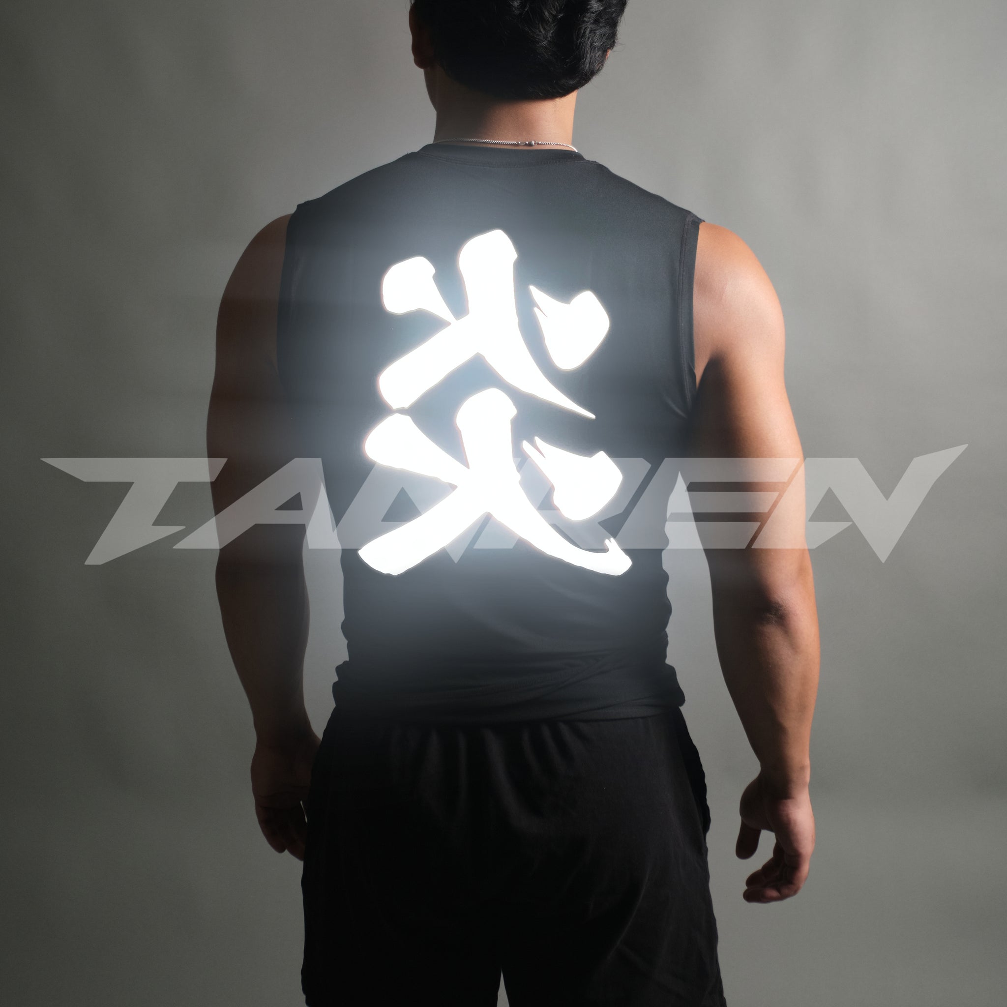 Reflective Flame Kanji Compression Sleeveless in Black